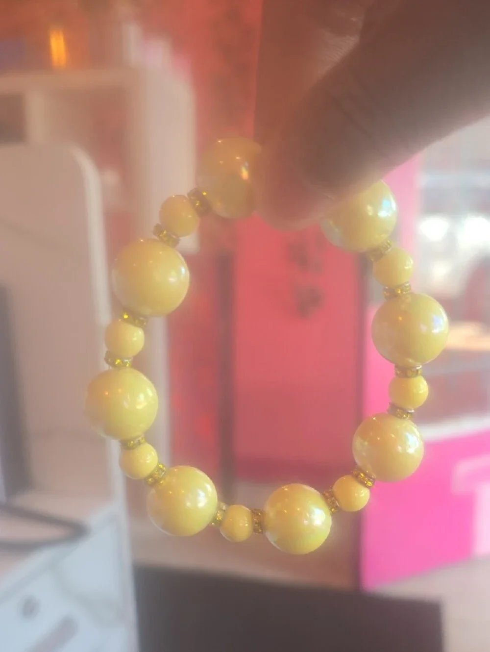 Yellow Beaded Stretch Bracelet with Gold Accents - Women's Jewelry